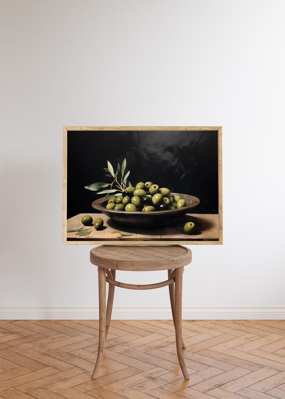 Green Olives in a Rustic Metal Bowl Moody Dark Kitchen Wall Art - Image 5