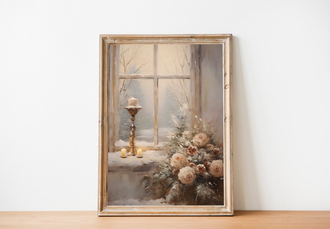 Candlelit Winter Window with Roses and Pinecones Snowy Poster - Image 2