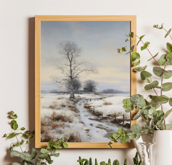 Winter Country Landscape Painting Winter Landscape Rustic Decor Art Vintage Winter Village Painting Moody Winter Wall Art