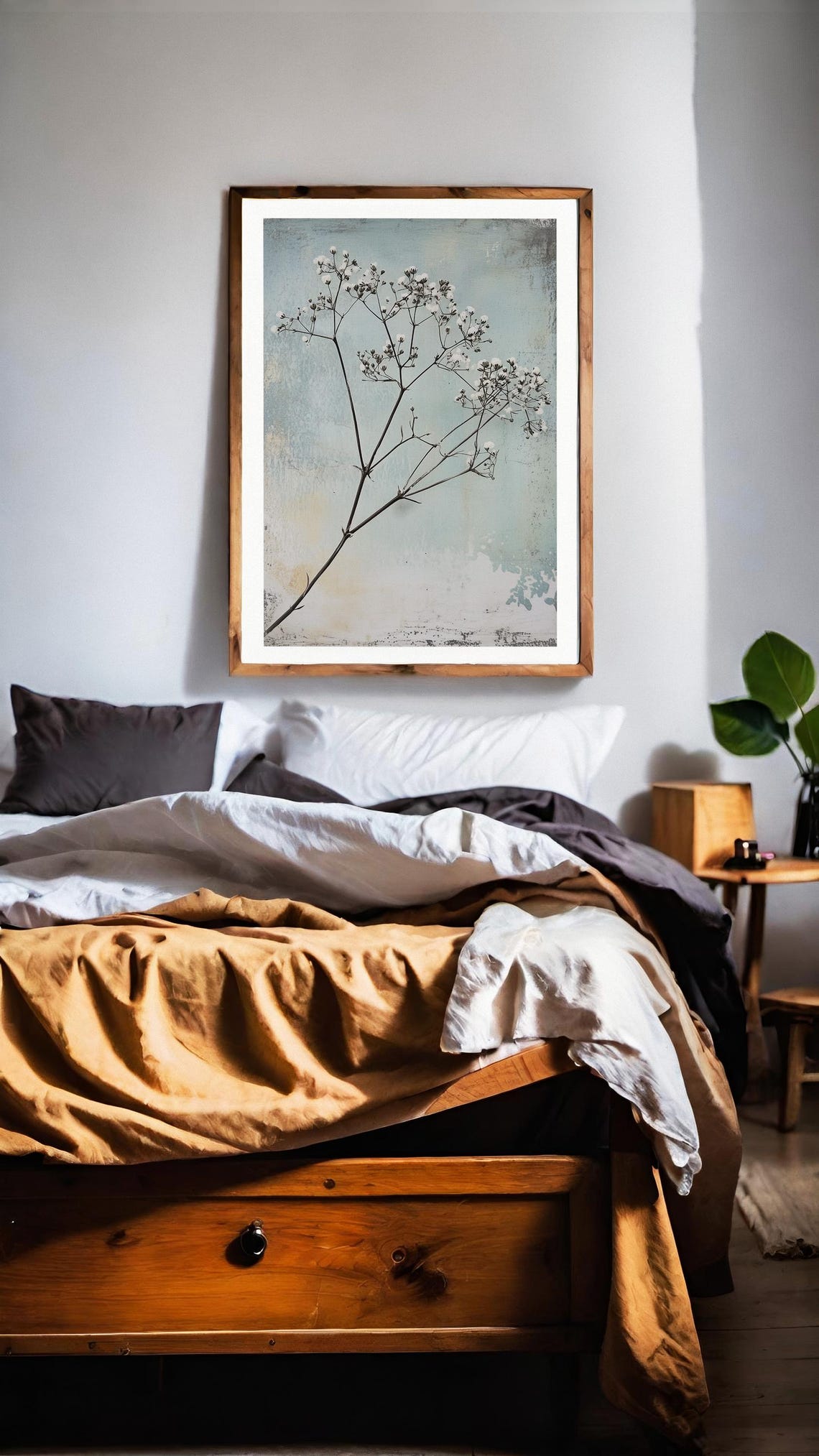 White Babys Breath Sprig Distressed Blue Minimalist Art Poster - Image 2