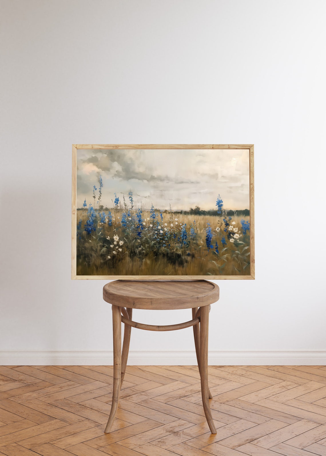 Blue Delphinium Spikes in Golden Field Cloudy Sky Art Poster - Image 5