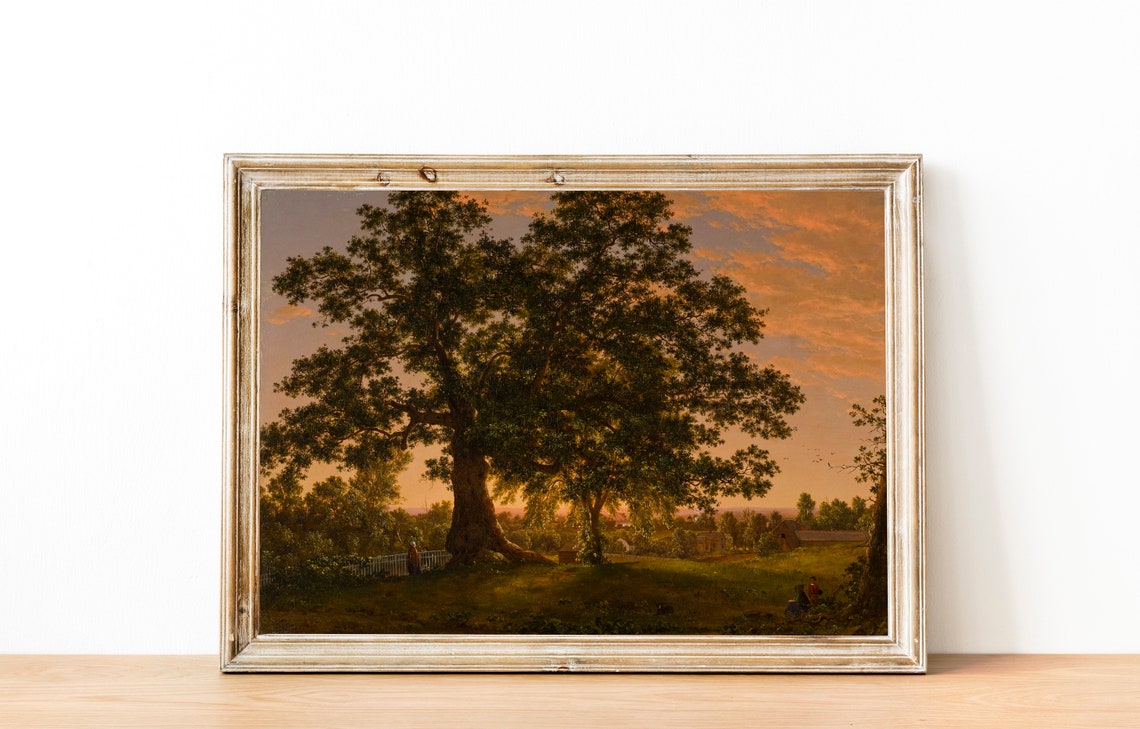 Grand Oak Tree At Sunset Farmhouse Vintage Landscape Painting Poster - Image 3