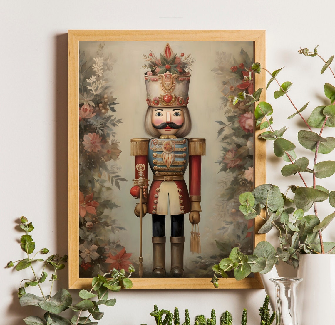 Nutcracker Soldier with Berry Crown Floral Background Poster