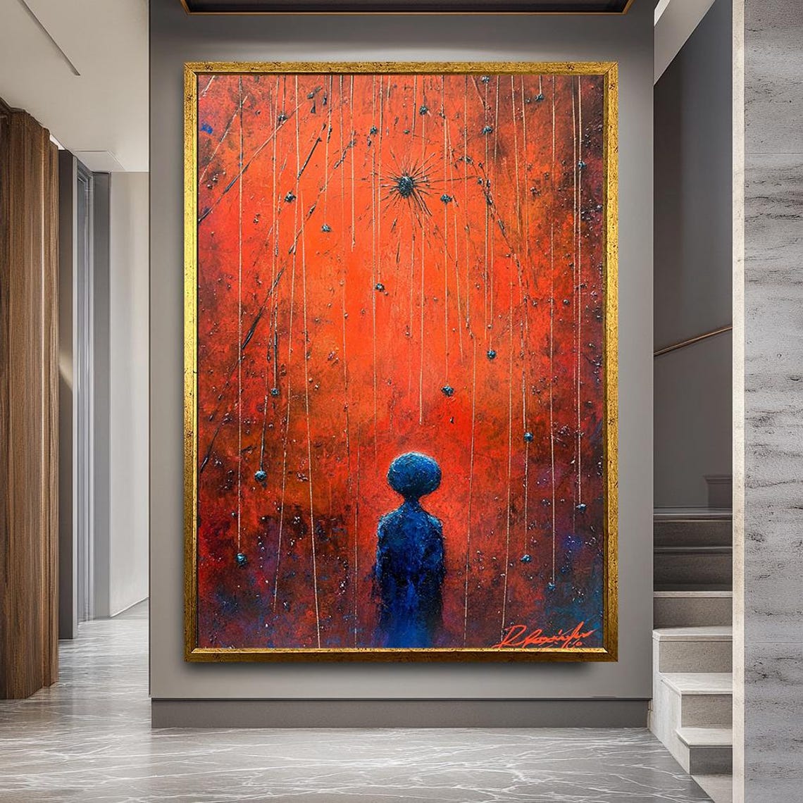 Cosmic Abstract Figure Art Print Surreal Red Blue Canvas