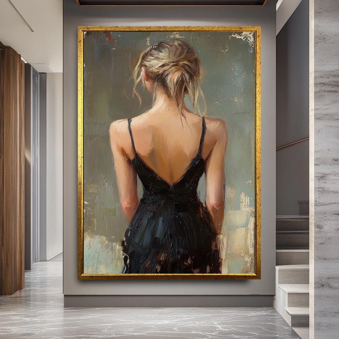 Elegant Woman in a Black Dress Romantic Oil Painting Style Poster