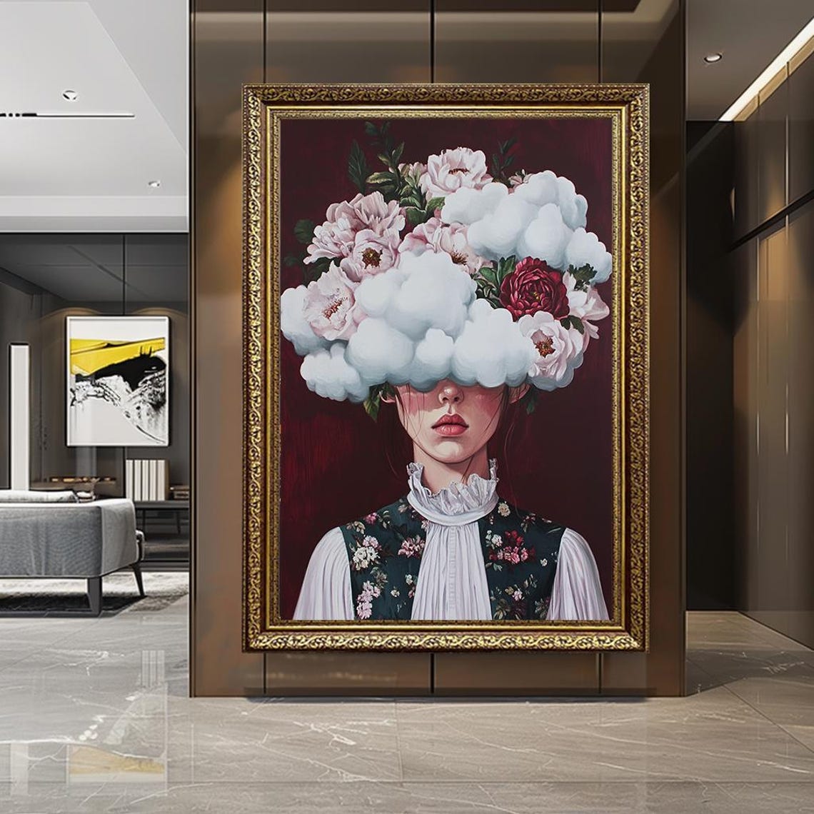 Surreal Woman With Cloud And Roses Head Floral Portrait Poster