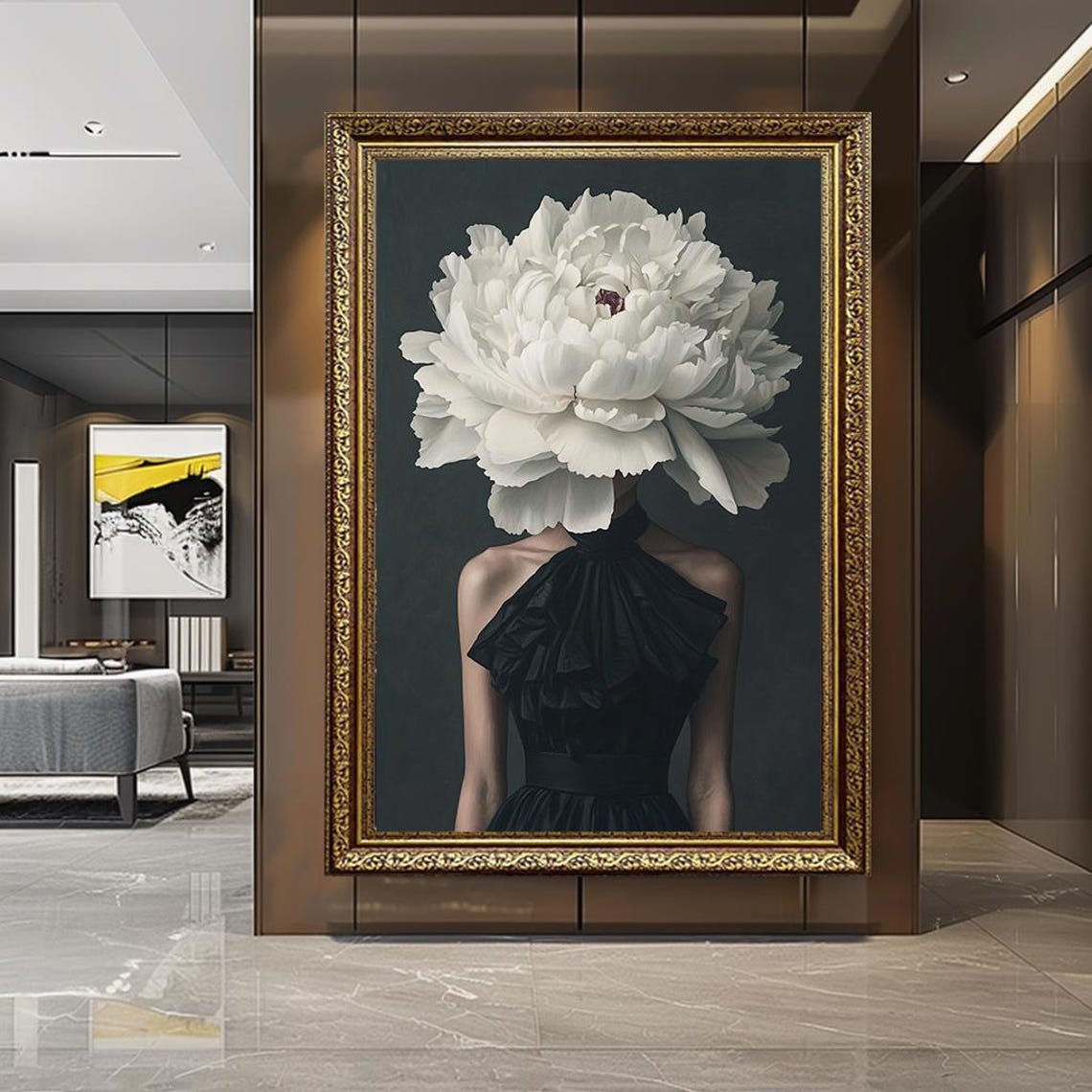 Woman With Giant White Peony Flower Head Black Dress Surreal Print
