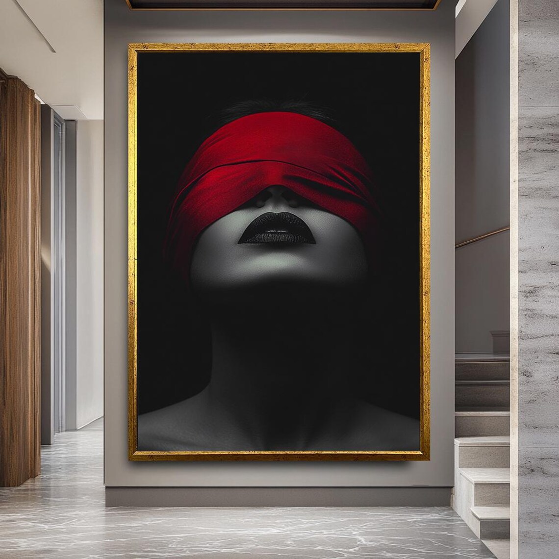 Modern Woman Portrait, Red Blindfold Black Lips Art Print