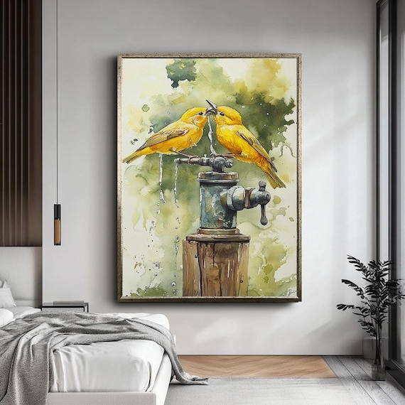 Two Yellow Lovebirds Watercolor Rustic Farmhouse Bird Art Poster