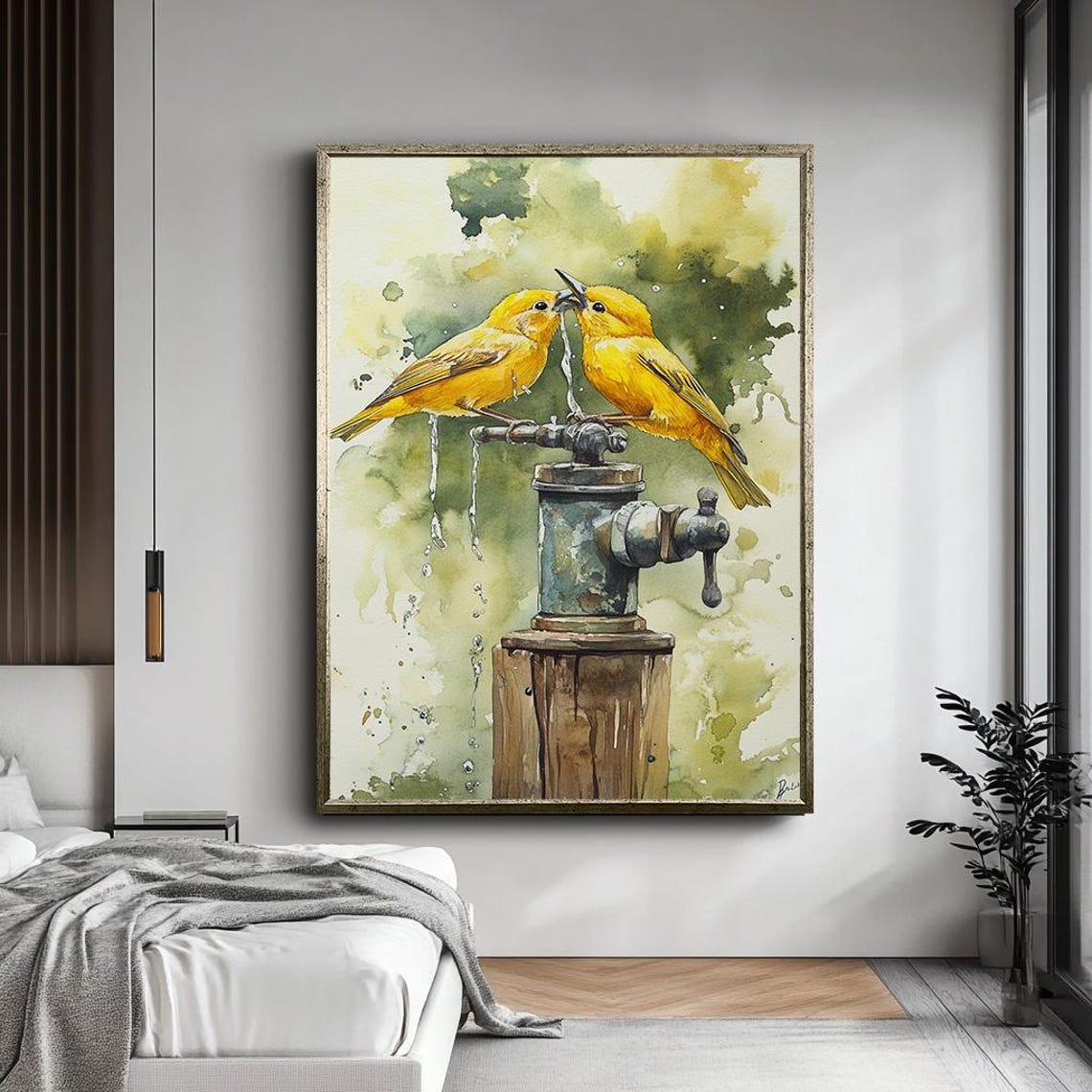 Two Yellow Lovebirds Watercolor Rustic Farmhouse Bird Art Poster
