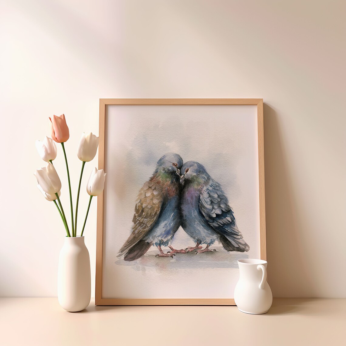 Pigeon Love Watercolor Print, Bird Art Print