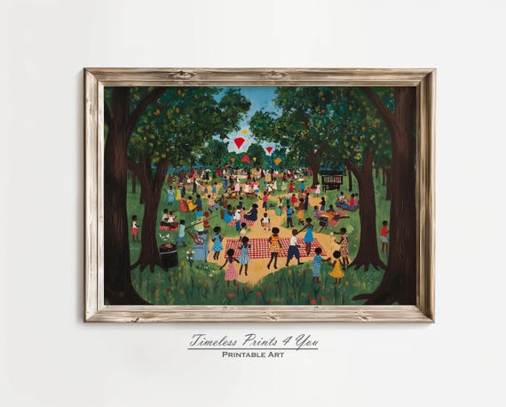 African Wall Art Black Prints Artwork Juneteenth Picnic In Park Painting Vintage