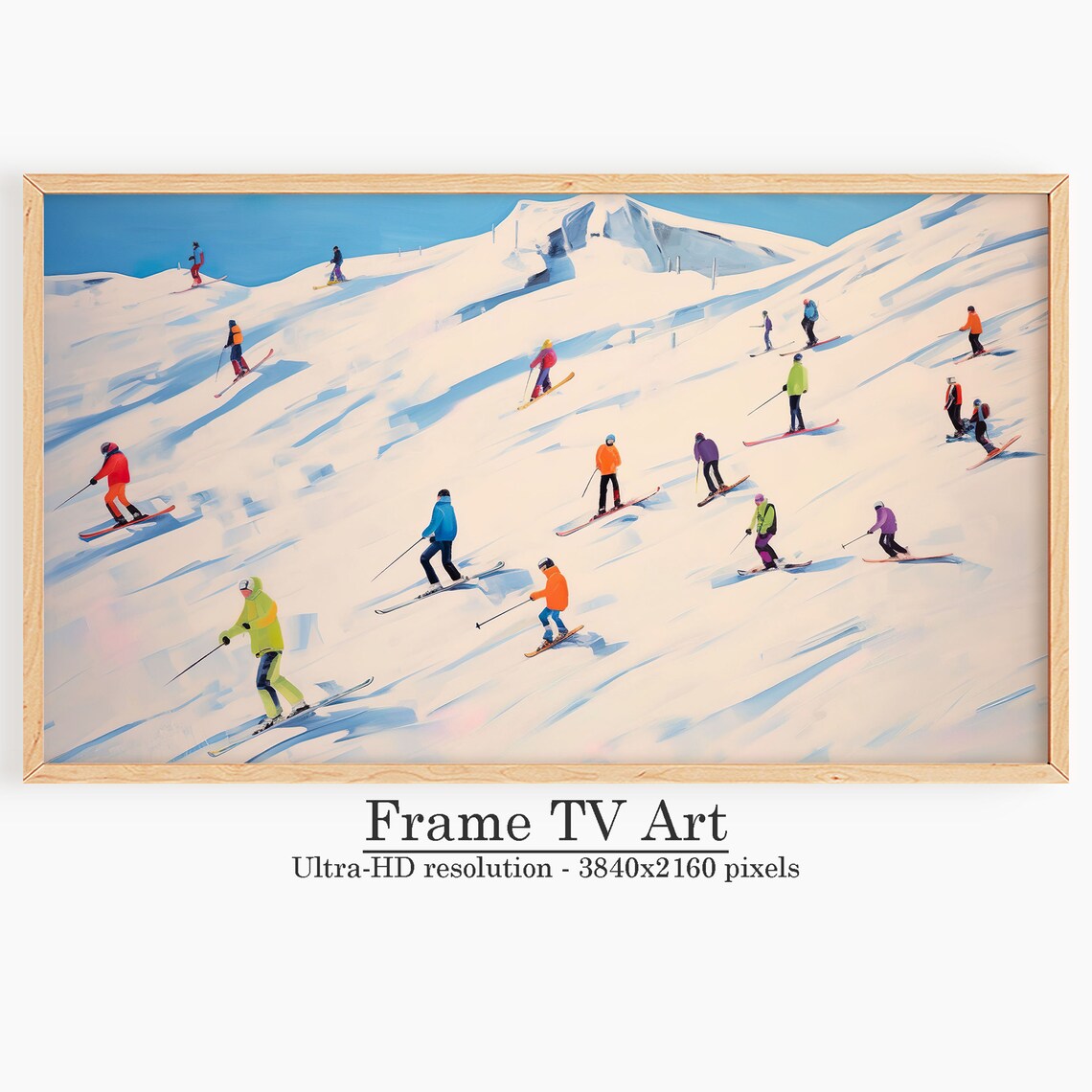 Colorful Skiers Descending Snowy Mountain Slope Winter Sports Poster