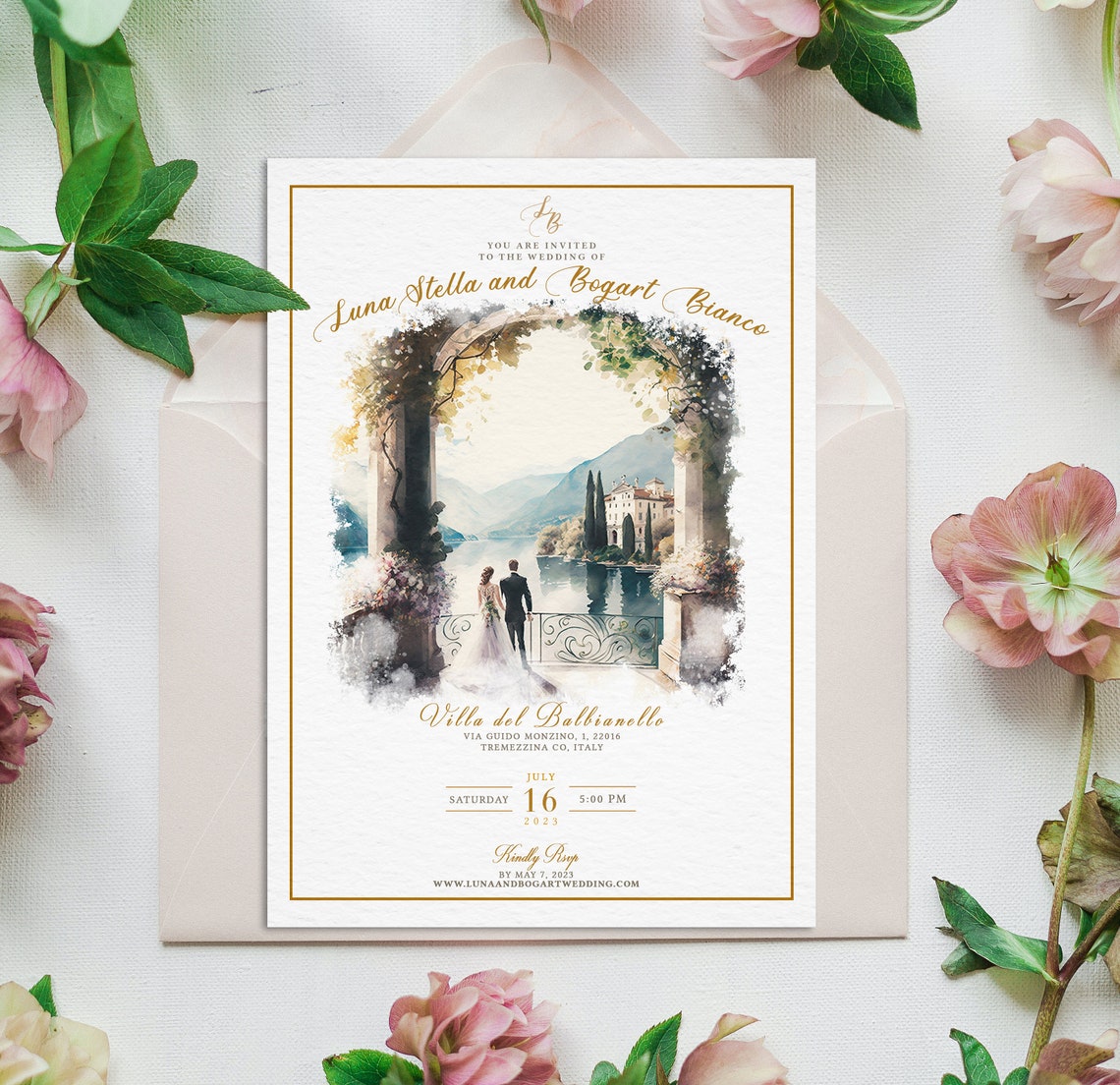 Lake Como Villa Balbianello Watercolor Wedding Invitation Art Poster