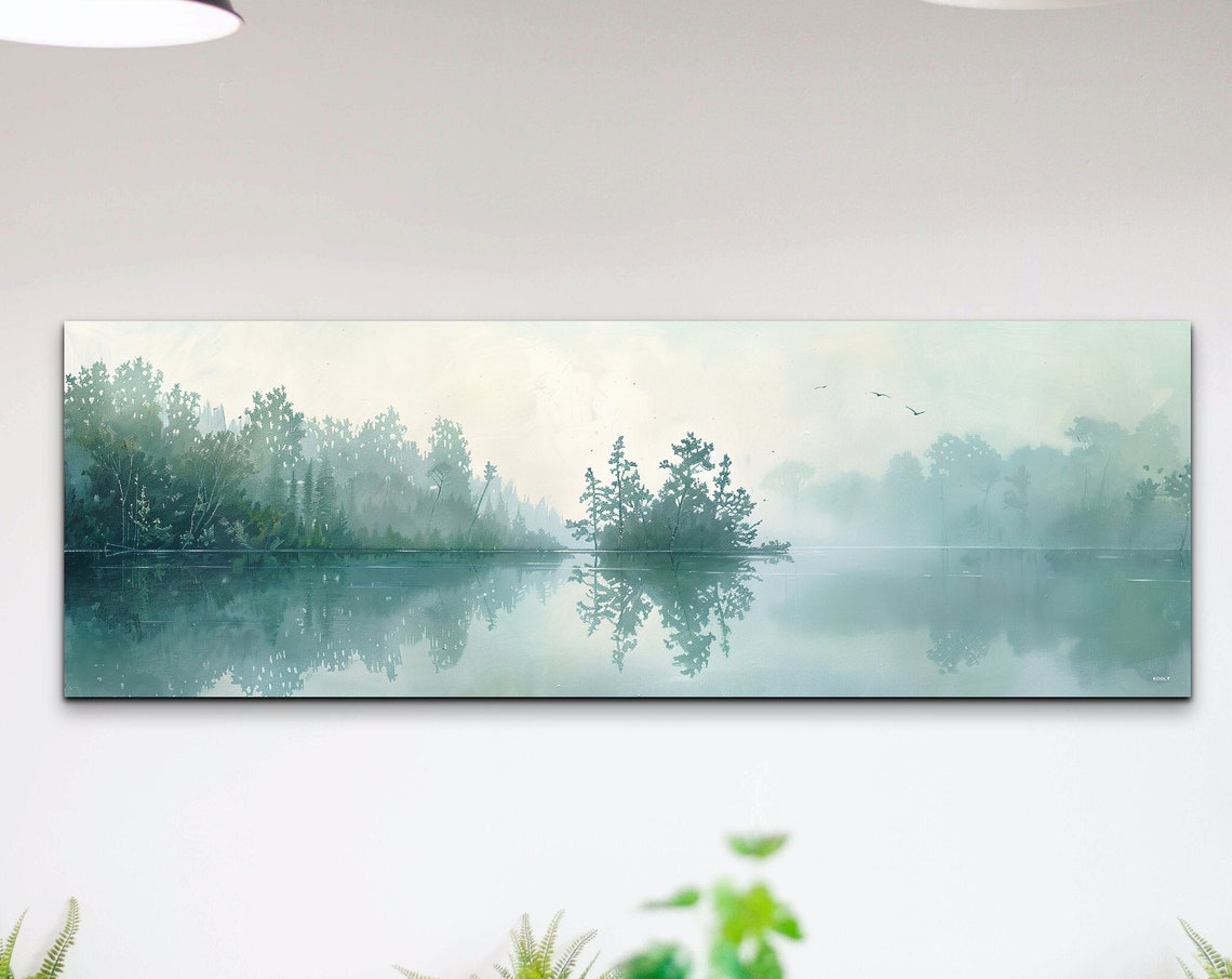 Teal Misty Lake With Green Forest Shoreline Panoramic Poster
