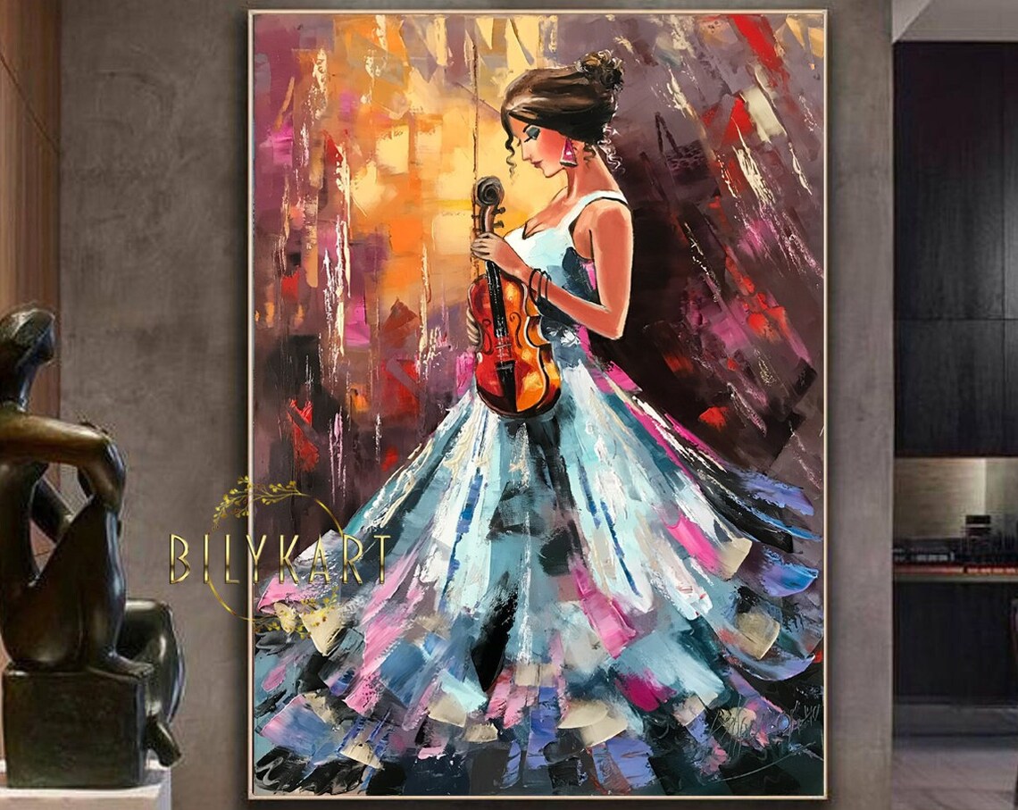 Woman With Violin Flowing Gown Oil Painting Music Wall Art Poster