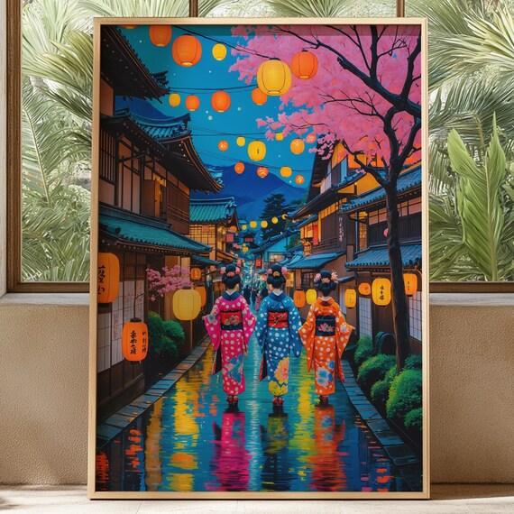 Vibrant Japanese Wall Art Dopamine Decor Japan Travel Poster Geisha Artwork Cherry Blossom Print Bold Home