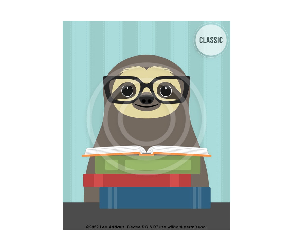 Sloth Reading Books Glasses Bookworm Cute Library Wall Art Poster - Image 4
