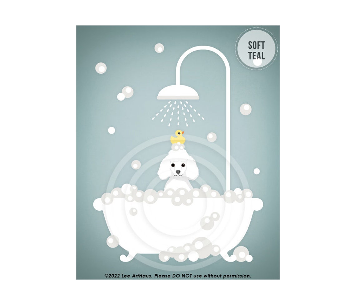 White Poodle Bubble Bath Pink Clawfoot Tub Rubber Duck Wall Art - Image 4