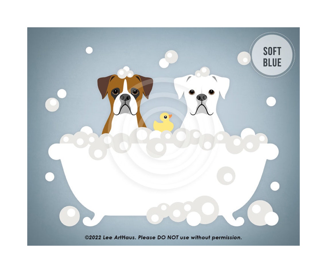 Two Boxer Dogs Bubble Bath Rubber Ducky Bright Teal Funny Poster - Image 2