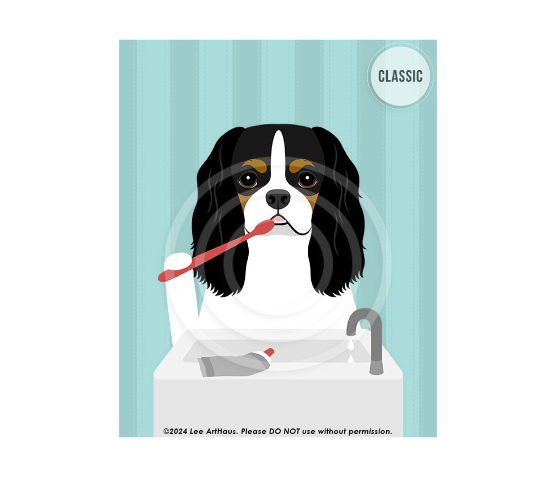 Tricolor Cavalier Spaniel Brushing Teeth Funny Dog Bathroom Poster