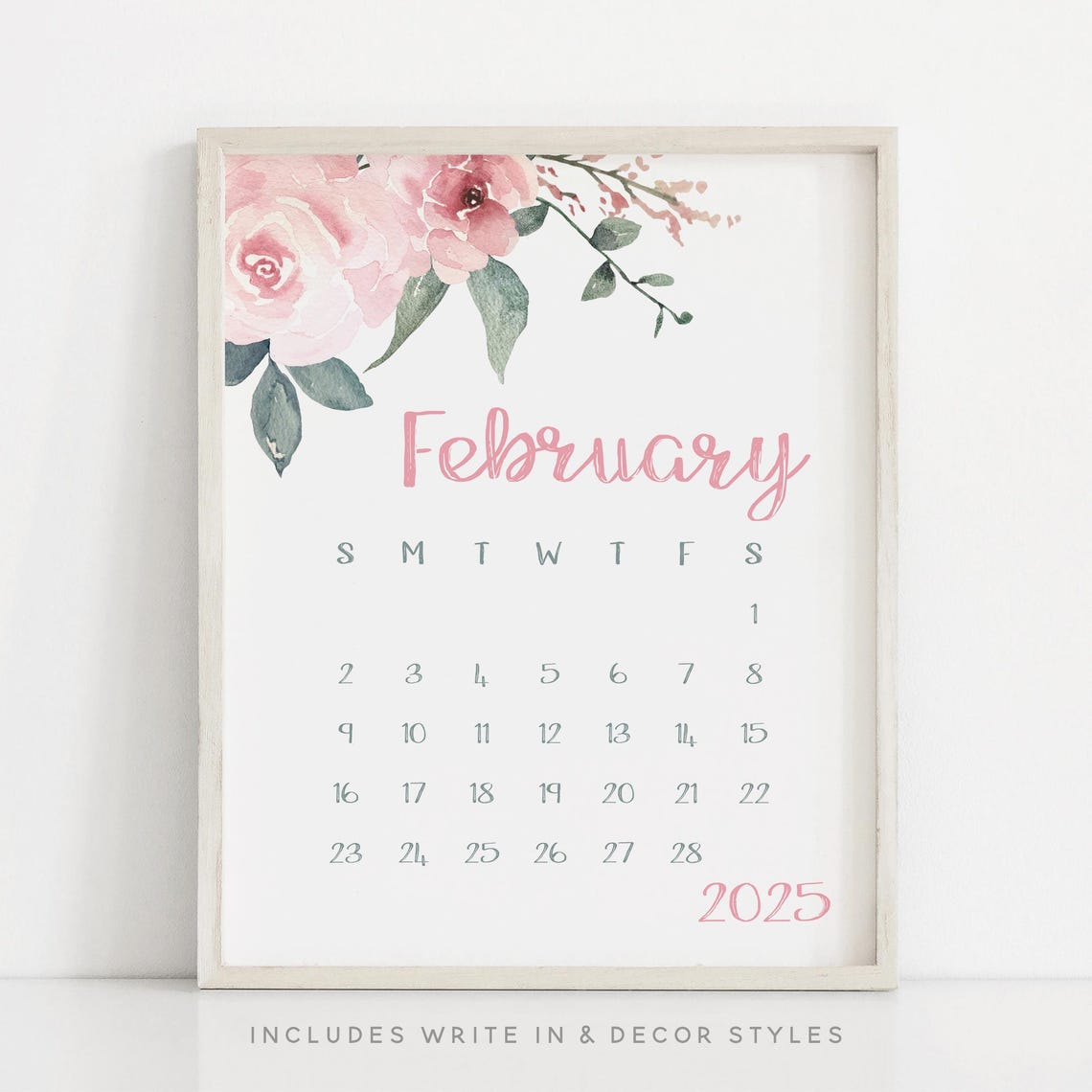 February 2025 Calendar Pink Rose Floral Monthly Planner Wall Print - Image 3