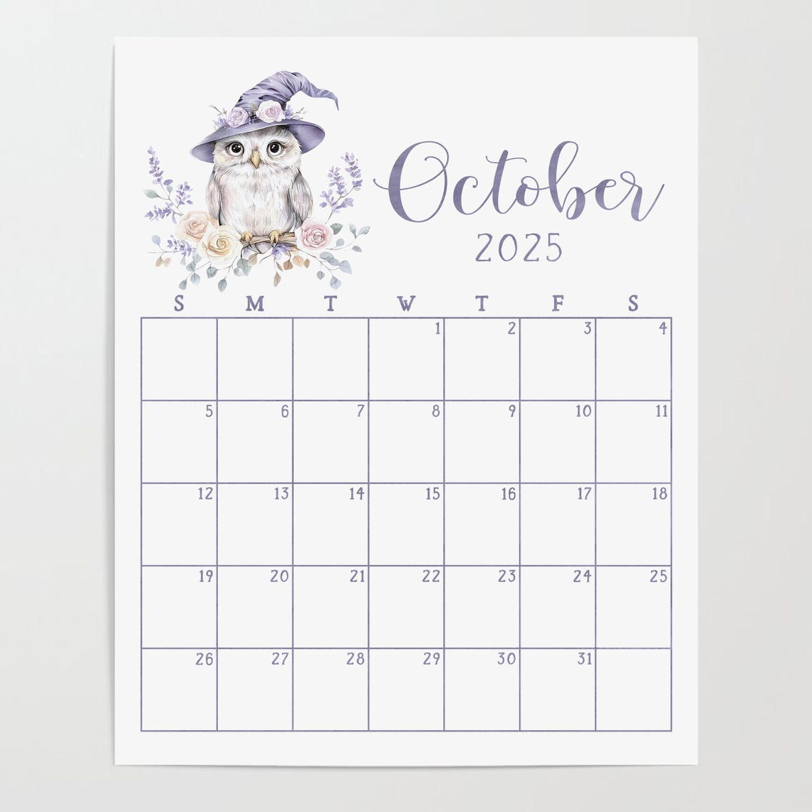 October 2025 Calendar Cute Owl Witch Hat Lavender Floral Print - Image 4