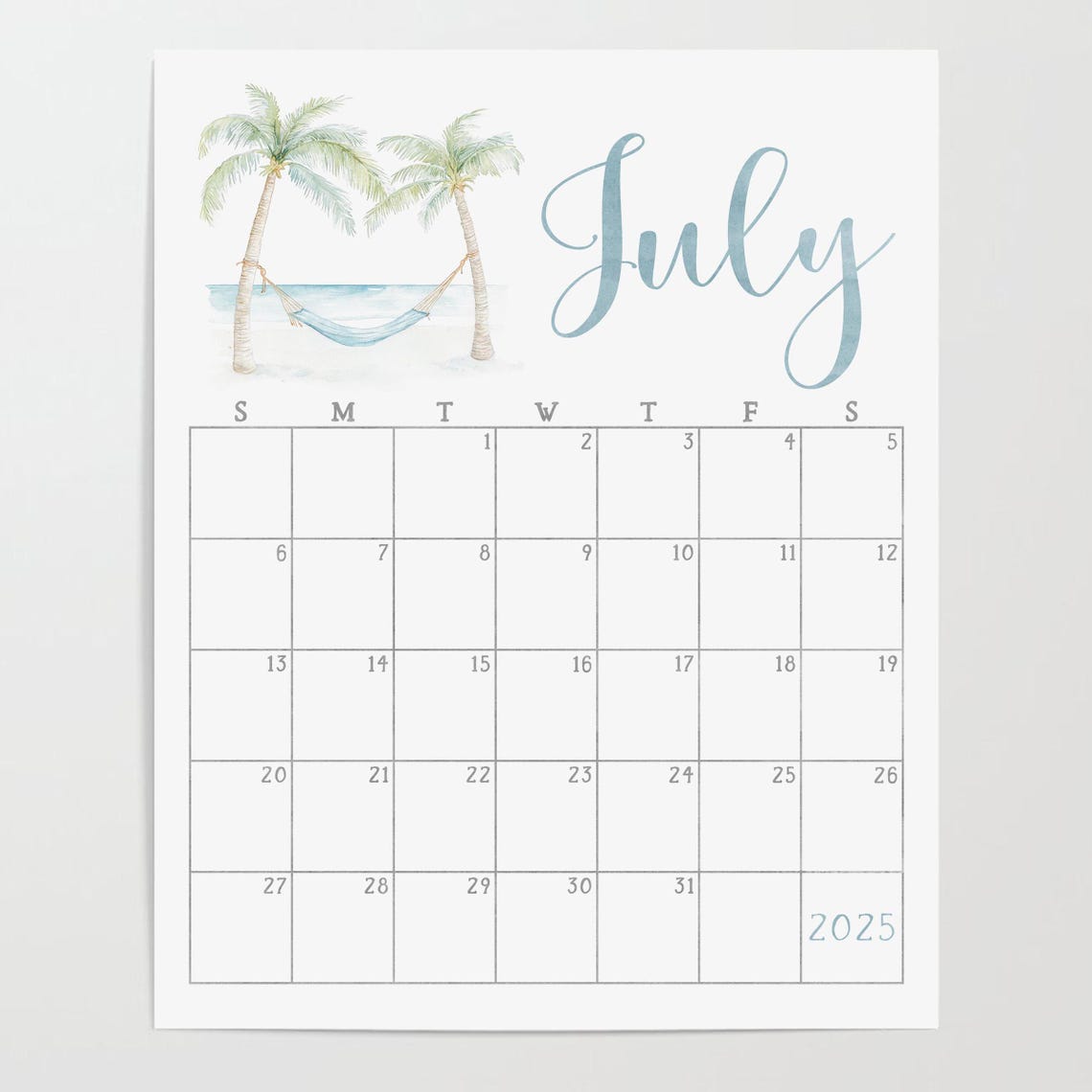 July 2025 Calendar Beach Palm Trees Hammock Coastal Planner Print - Image 4
