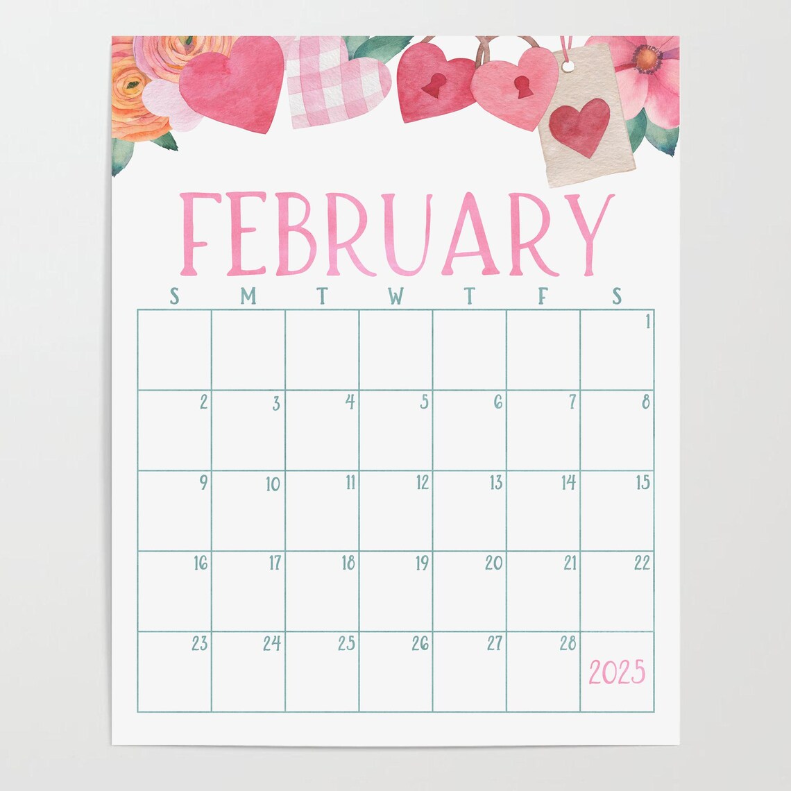 February 2025 Calendar Hearts Garland Valentine Monthly Planner Art - Image 2