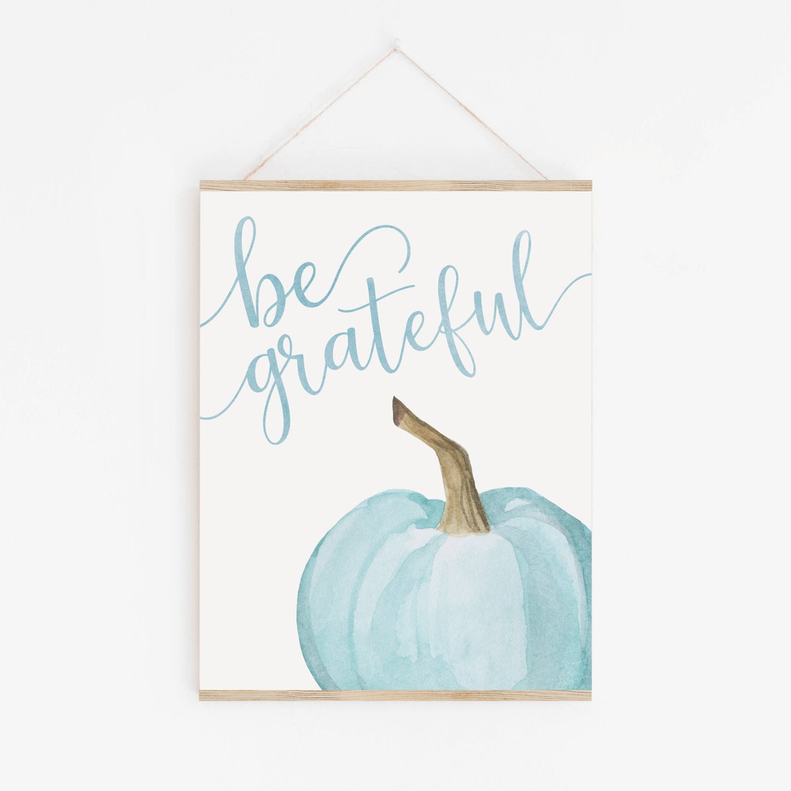 Be Grateful Blue Watercolor Pumpkin Fall Script Quote Wall Art - Image 2