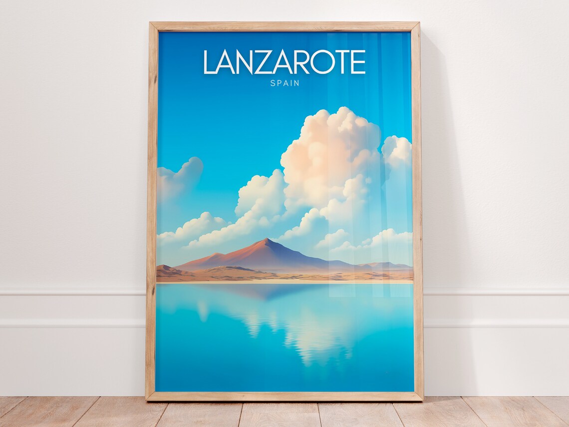 Lanzarote Spain Volcanic Peak Turquoise Sea Minimalist Poster