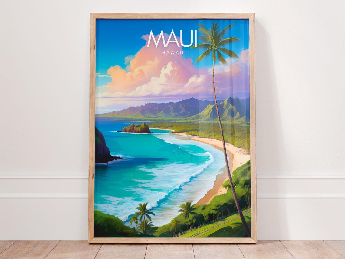 Maui Hawaii Poster with Turquoise Bay Palm Trees and Green Cliffs