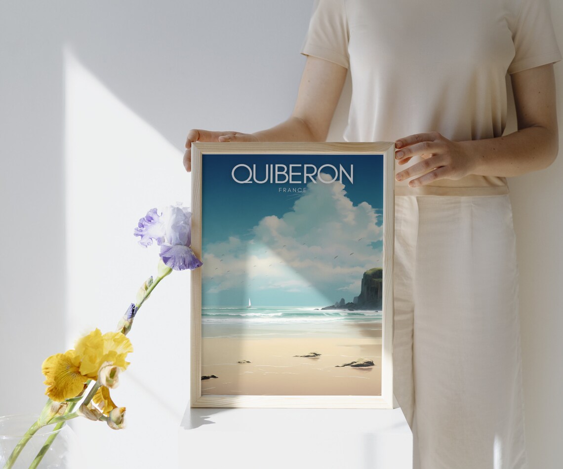 Quiberon France Brittany Cliffs Sailboat Golden Beach Travel Poster - Image 2