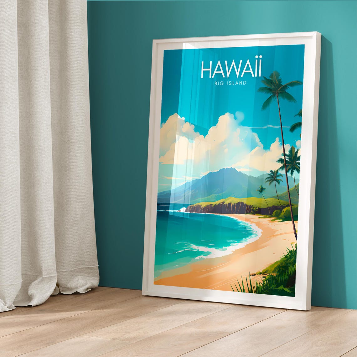 Hawaii Big Island Poster with Palm Trees Beach and Green Mountains - Image 5