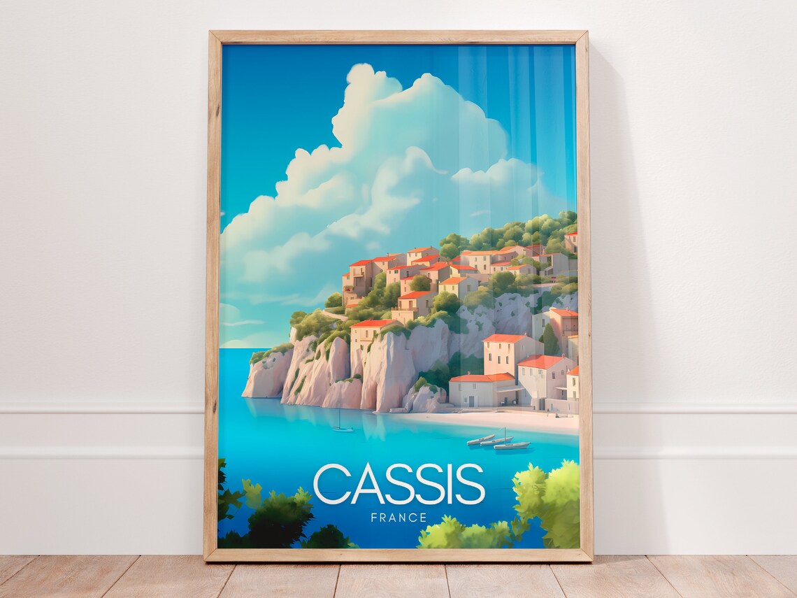 Cassis France Travel Poster with Cliffside Village and Turquoise Sea
