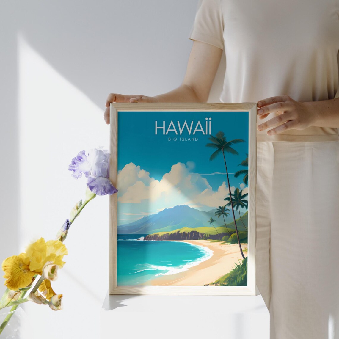 Hawaii Big Island Poster with Palm Trees Beach and Green Mountains - Image 2