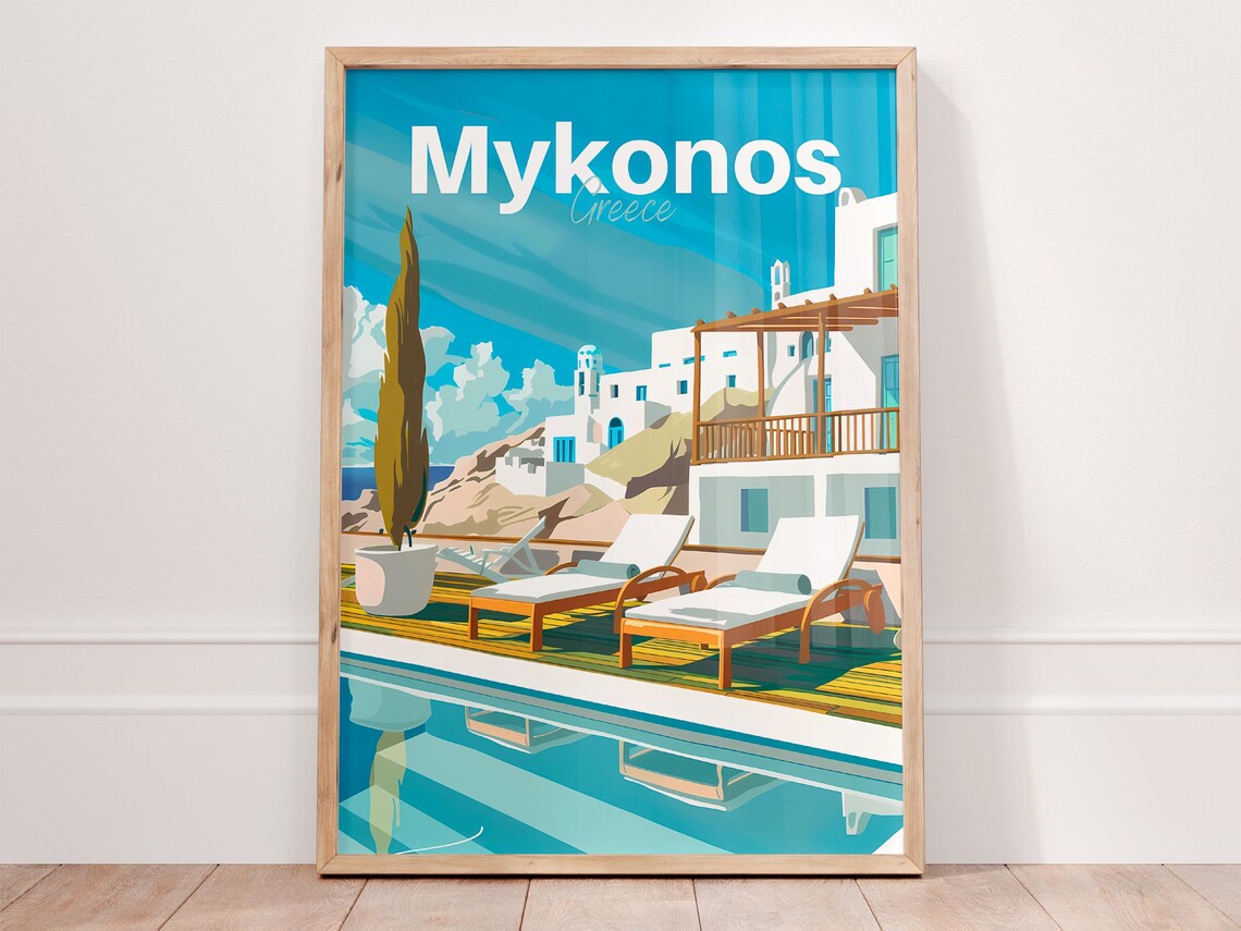Mykonos Greece Poolside Loungers Whitewashed Houses Travel Poster