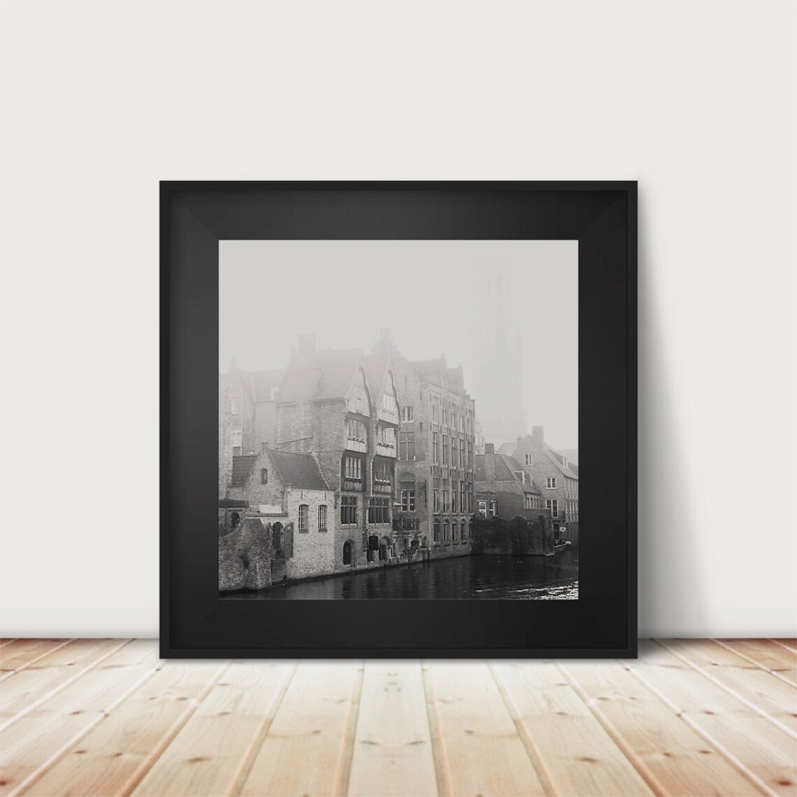 Black and White Bruges Canal in Fog Belgium Europe Photo Poster