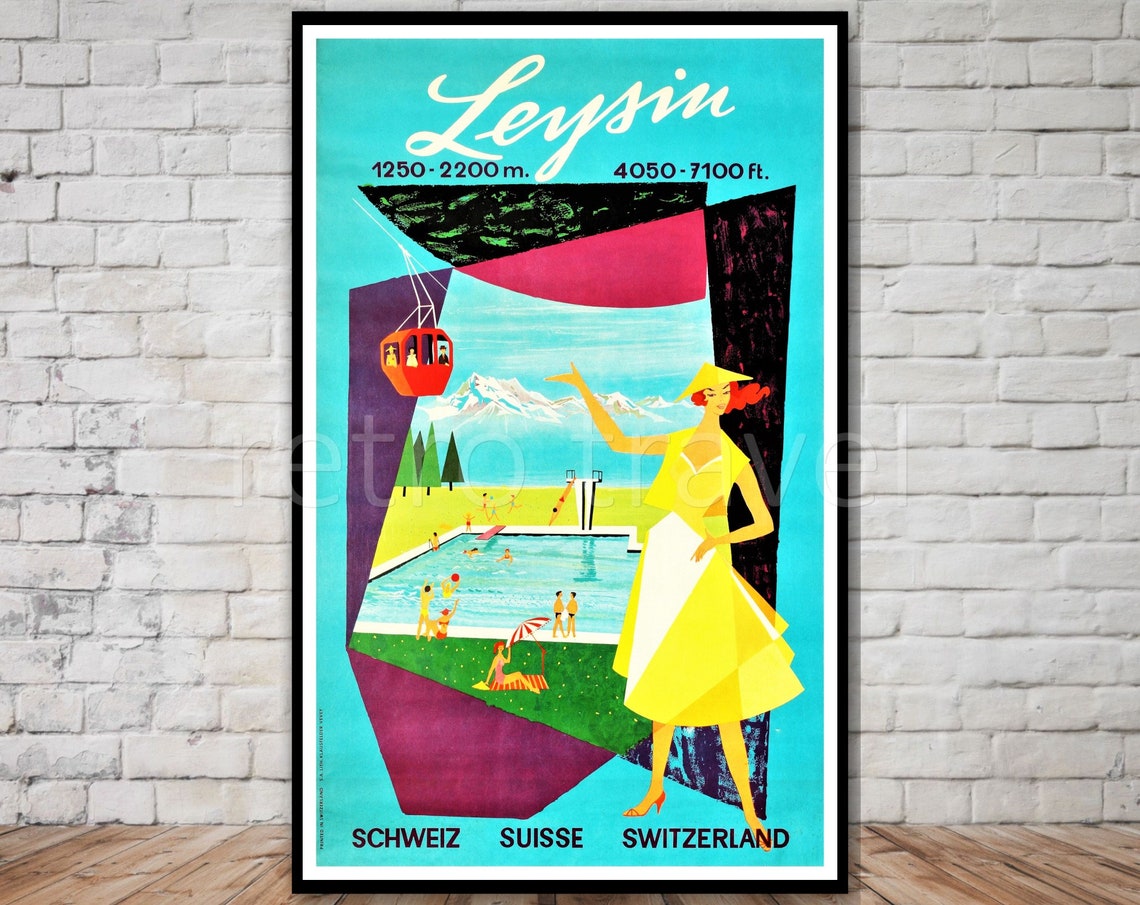 Leysin Switzerland Cable Car Pool Alps Vintage Poster Summer