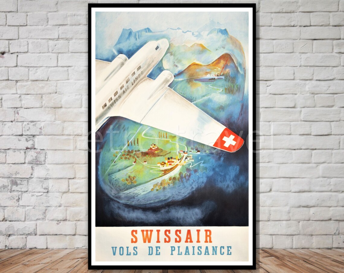 Swissair Pleasure Flights Travel Poster, Vintage Switzerland