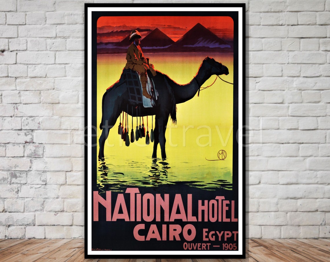 National Hotel Cairo Egypt Camel Pyramids Sunset Vintage Hotel Poster