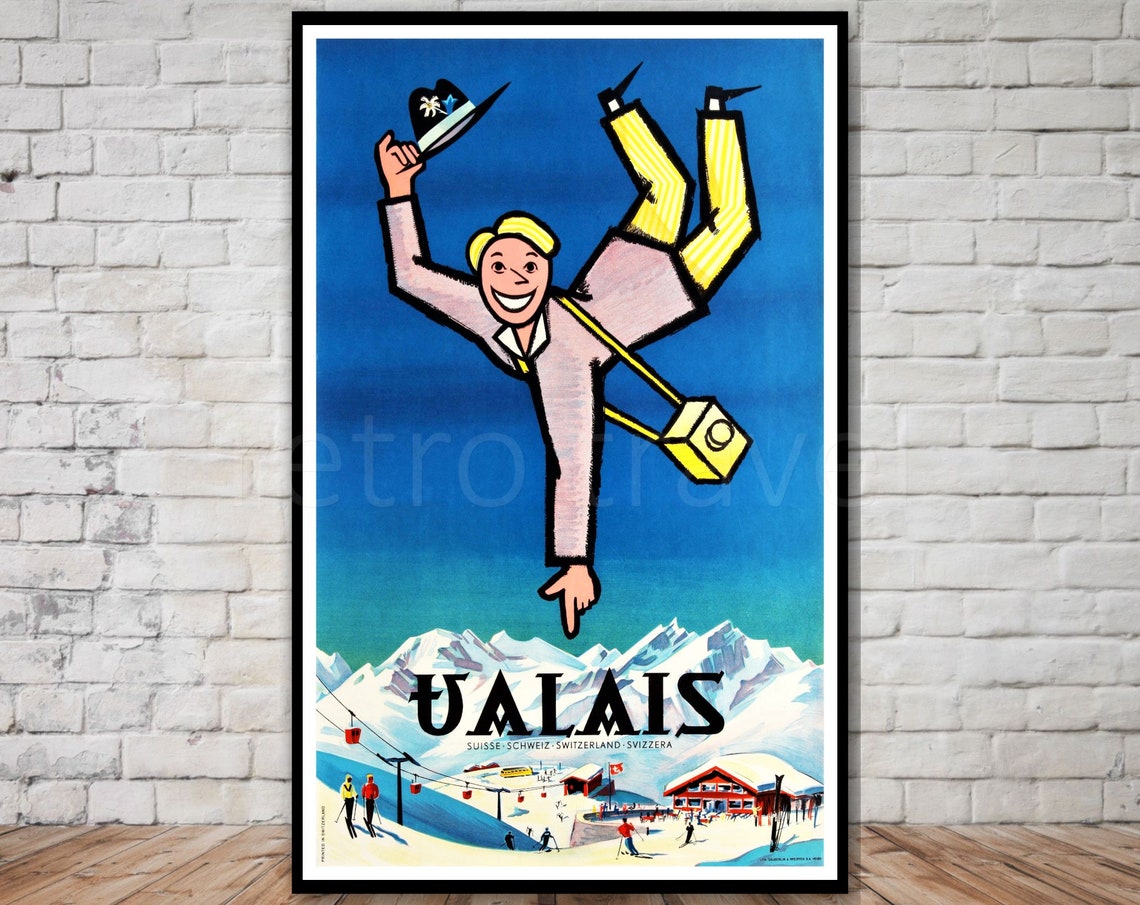Valais Switzerland Playful Skier Mid Century Ski Travel Poster