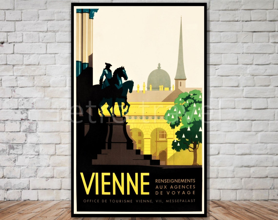 Vienne Austria Vintage Equestrian Statue Travel Poster Night