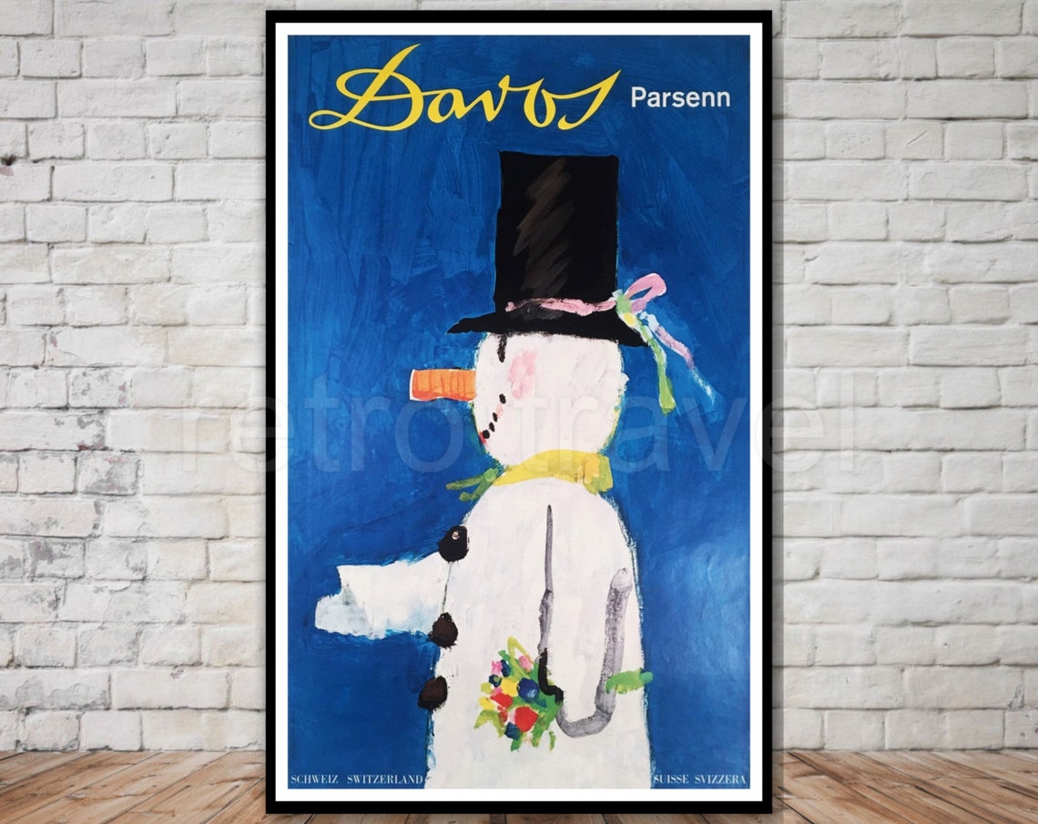 Davos Parsenn Switzerland Vintage Ski Poster Snowman Winter Retro Art