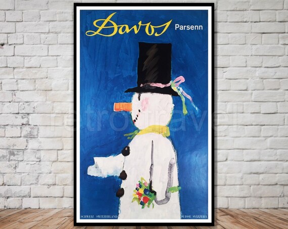 Davos Parsenn Switzerland Vintage Ski Poster Snowman Winter Retro Art