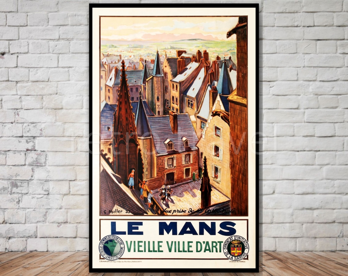 Le Mans Old Town Vintage Travel Poster France Gothic Towers City Art