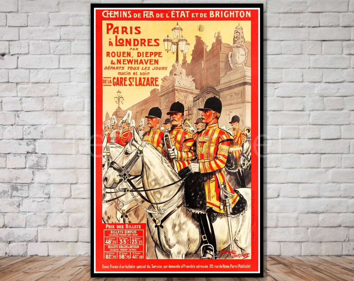 Paris To London Vintage French Railway Poster Horse Guards Route Art
