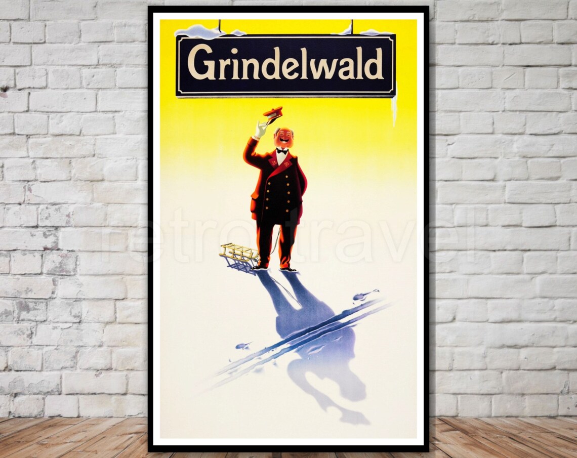 Grindelwald Switzerland Station Master Sled Retro Ski Travel Poster