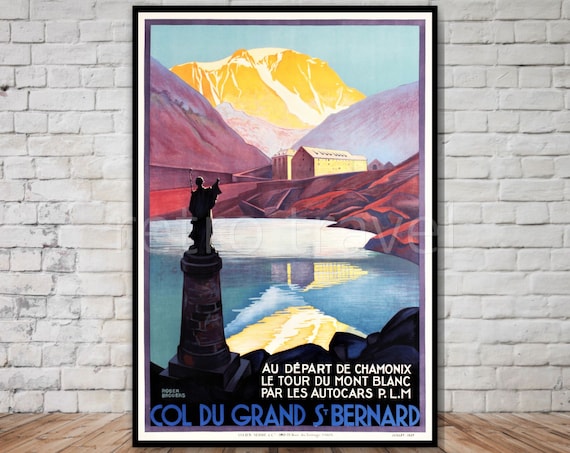 Col du Grand St Bernard Chamonix PLM Autocars Vintage Alps Travel Poster