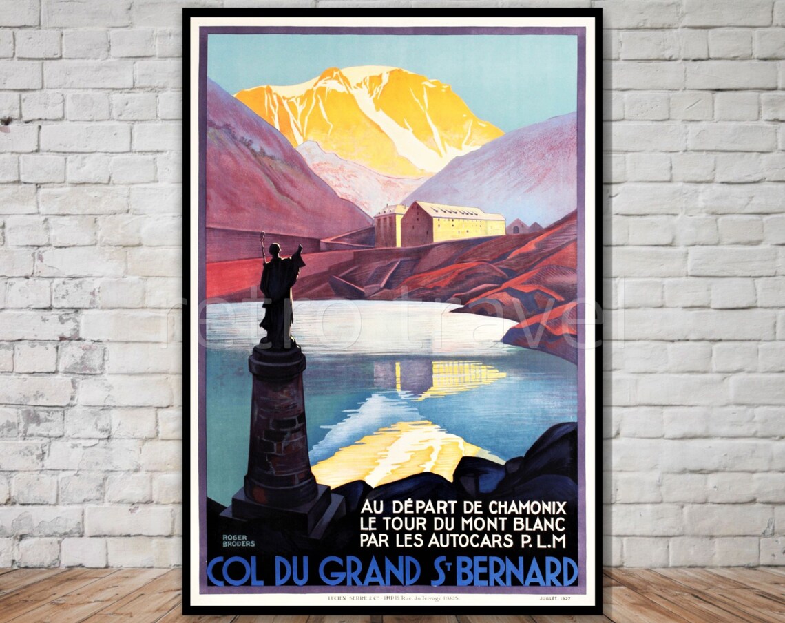 Col du Grand St Bernard Chamonix PLM Autocars Vintage Alps Travel Poster
